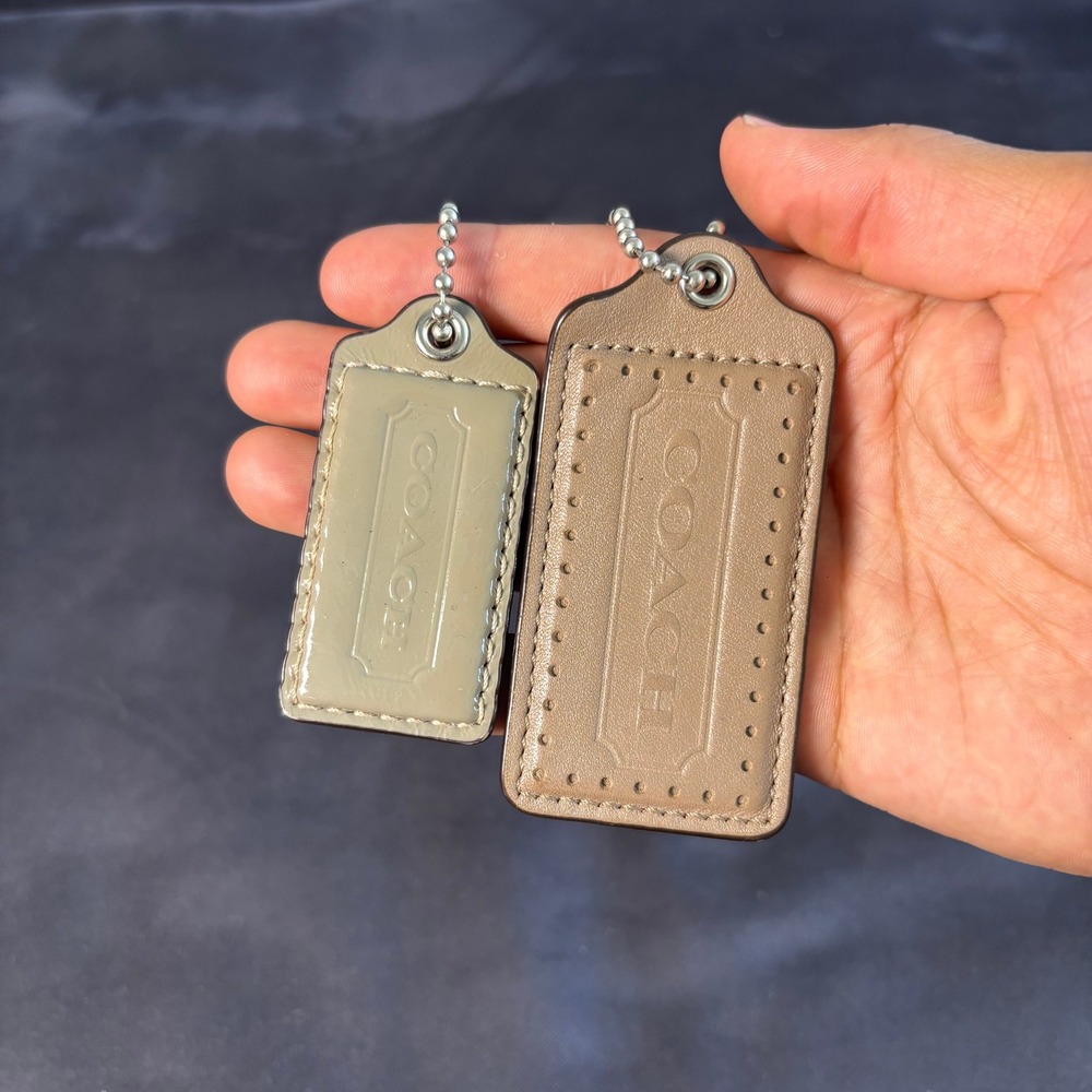 Coach Leather Hangtag Set 2 Authentic Replacement Charms Gray Tan Silver Chain